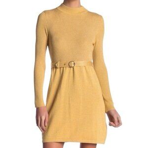 Free People French Girl Ribbed Knit Dress Small Gold Sparkle Lurex Mini NWT